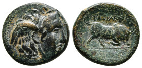 SELEUKID KINGDOM. Seleukos I Nikator (312-281 BC). Ae. Sardes.
Obv: Winged head of Medusa right.
Rev: BAΣIΛEΩΣ / ΣΕΛΕΥΚOY.
Bull butting right. 5,38 g ...