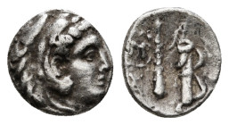 KINGS OF MACEDON. Alexander III 'the Great' (336-323 BC). Obol. .
Obv: Head of Herakles right, wearing lion skin.
Rev: Club, bow and quiver. Controls:...
