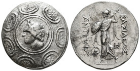 KINGS OF MACEDON. Antigonos II Gonatas. (277/6-239 BC). Tetradrachm. Amphipolis.
Obv: Macedonian shield with head of Pan left on boss.
Rev: ΒΑΣΙΛΕΩΣ /...