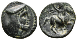 KINGS OF CAPPADOCIA. Ariaramnes (280-230), AE, Obv: Head of the king to the right, wearing a battleship helmet. Reverse: Horseman galloping right, bra...