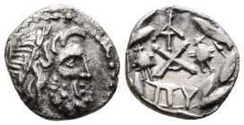 ACHAIA, Achaian League. Lakedaimon (Sparta). Circa 85 BC. AR Hemidrachm). Laureate head of Zeus right / Achaian League monogram; monogram above, piloi...