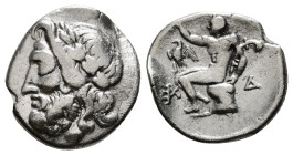 ARKADIA, Arkadian League. Circa 175-168 BC. AR Triobol – Hemidrachm. Megalopolis mint. Laureate head of Zeus left / Pan seated left on rock, holding l...
