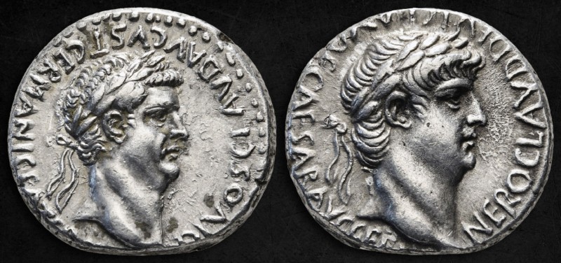 CAPPADOCIA. Caesarea. Nero with Divus Claudius (54-68). Didrachm.
Obv: DIVOS CL...