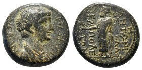 Nero (54-68). Phrygia, Hierapolis. Æ M. Antonios Kalos, magistrate. Bare-headed and draped bust r.; c/m: radiate head within circular incuse. M/ Zeus ...