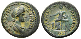LYDIA. Sala (as Domitianopolis Sala). Domitia (Augusta, 82-96). Ae.
Obv: ΔOMITIA CEBACTH.
Draped bust right.
Rev: CAΛHNΩN ΔOMITIANOΠO.
Kybele seated l...