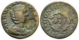 PHRYGIA,Hierapolis, Annia Faustina (Augusta, 221). AE
Obv: ΑΝΝΙΑ ΦΑVСΤЄΙΝΑ СЄΒ - Draped bust right, wearing stephane; c/m: Figure holding scepter (?) ...
