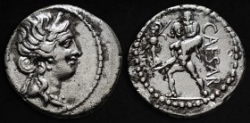 JULIUS CAESAR. Denarius (48-47 BC). Military mint traveling with Caesar in North Africa.
Obv: Diademed head of Venus right.
Rev: CAESAR.
Aeneas adv...