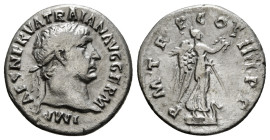 TRAJAN (98-117). Denarius. Rome.
Obv: IMP CAES NERVA TRAIAN AVG GERM.
Laureate bust right, with slight drapery.
Rev: P M TR P COS IIII P P.
Victory st...