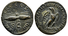 Hadrian Æ Semis. Rome, AD 119-123. IMP CAESAR TRAIAN HADRIANVS AVG, eagle standing to left, head to right, with wings displayed / P M TR P COS III, wi...