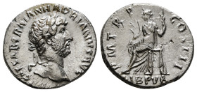 HADRIAN (117-138). Denarius. Rome.
Obv: IMP CAESAR TRAIAN HADRIANVS AVG.
Laureate and draped bust right.
Rev: P M TR P COS III / LIB PVB.
Libertas sea...