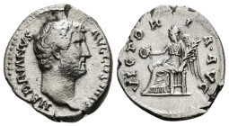 HADRIAN (117-138). Denarius. Rome.
Obv: HADRIANVS AVG COS III P P.
Bare head right.
Rev: VICTORIA AVG.
Victory seated left on throne, holding wreath a...