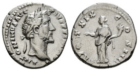 ANTONINUS PIUS (138-161). Denarius. Rome.
Obv: ANTONINVS AVG PIVS P P IMP II.
Laureate head right.
Rev: TR POT XIX COS IIII.
Pax standing left, holdin...