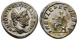 CARACALLA (198-217). Denarius. Rome.
Obv: ANTONINVS PIVS AVG BRIT.
Laureate head right.
Rev: INDVLG FECVNDAE.
Indulgentia seated left on curule chair,...
