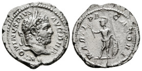CARACALLA (197-217). Denarius. Rome.
Obv: ANTONINVS PIVS AVG BRIT.
Laureate head right.
Rev: MARTI PACATORI.
Mars standing facing, head left, holding ...