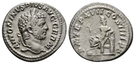 CARACALLA (197-217). Denarius. Rome.
Obv: ANTONINVS PIVS AVG GERM.
Laureate head right.
Rev: P M TR P XVII COS IIII P P.
Apollo seated left, holding b...