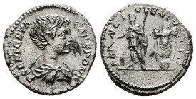 GETA (Caesar, 198-209). Denarius. Rome.
Obv: P SEPT GETA CAES PONT.
Bareheaded and draped bust right.
Rev: PRINC IVVENTVTIS.
Geta standing left, holdi...