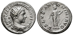 ELAGABALUS (218-222). Antoninianus. Rome.
Obv: IMP CAES ANTONINVS AVG.
Radiate, draped and cuirassed bust right.
Rev: SALVS ANTONINI AVG.
Salus standi...