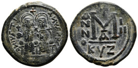JUSTIN II, with SOPHIA (565-578). Follis. Kyzikos. Dated RY 3 (567/8).
Obv: D N IVSTINUS COS AVG.
Justin and Sophia seated facing on double throne, ho...