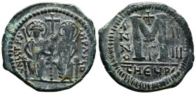 JUSTIN II with SOPHIA (565-578). Decanummium. Theoupolis (Antioch). Dated RY 5 (569/70).
Obv: Justin and Sophia seated facing on double throne, each h...