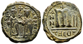 PHOCAS with LEONTIA (602-610). Follis. Theoupolis (Antioch). Dated RY 2 (603/4).
Obv: D N FOCA NЄ PЄ AV.
Phocas, holding globus cruciger, and Leontia,...