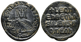 LEO VI.(886-912).Constantinople.Follis.
Obv : LEON S ALEXANDROS.
Leo on left and Alexander on right, both crowned and wearing loros, seated facing on ...