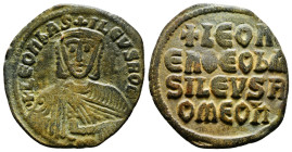 LEO VI.(886-912).Constantinople.Follis.
Obv : LEON S ALEXANDROS.
Leo on left and Alexander on right, both crowned and wearing loros, seated facing on ...