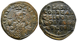 BASIL I THE MACEDONIAN with LEO VI and CONSTANTINE (867-886). Follis. Constantinople.
Obv: + LЄOҺ ЬASIL COҺST AЧGG.
Crowned facing busts of Basil, hol...