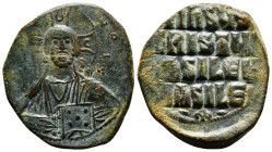 ANONYMOUS FOLLES. Class A2. Attributed to Basil II & Constantine VIII (976-1025). Follis. Constantinople.
Obv: + ЄMMANOVHΛ / IC - XC.
Facing bust of C...