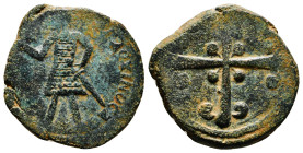 CRUSADERS. Edessa. Baldwin II (Second reign, 1108-1118). Follis.
Obv: Baldwin standing left, wearing conical helmet and chain-armor, holding globus cr...