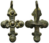 Pendant Cross. Middle Byzantine, 10thC-11thC.
Cross necklace; bronze; arms rounded at the ends, each with a pair of lateral protrusions.
Condition : S...