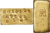 CHINA. Gold Tael Ingot, ND (1946-49). Shanghai Mint. PCGS MS-62.
LM-1074B. Dimensions: 25x13mm; Weight: 31.86 gms. The obverse stamps convey the auth...