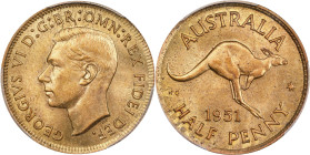 AUSTRALIA. Mint Error -- Struck on Brass Planchet -- 1/2 Penny, 1951-PL. London or Birmingham (Heaton) Mint. George VI. PCGS MS-64.
KM-42. Weight: 5....