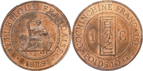 FRENCH COCHIN CHINA. Centime, 1879-A. Paris Mint. PCGS MS-63 Red Brown.
KM-3; Lec-12. Immediately charming with strong Mint red retained, and crisp a...