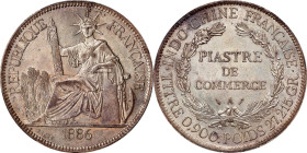 FRENCH INDO-CHINA. Piastre, 1886-A. Paris Mint. PCGS AU-58.
KM-5; Gad-35. A tougher date in the series, this nearly-uncirculated example delivers imm...