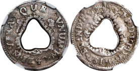 GIBRALTAR. Gibraltar - Mexico. 1/2 Bit, ND (ca. 1770-74). George III. NGC VF Details--Damaged.
KM-16 (Martinique); Prid-20 (Dominica). Countermark: T...