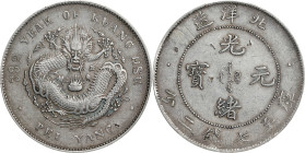 (t) CHINA. Chihli (Pei Yang). 7 Mace 2 Candareens (Dollar), Year 33 (1907). Tientsin Mint. Kuang-hsu (Guangxu). PCGS Genuine--Repaired, VF Details.
L...