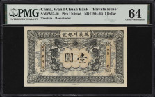 (t) CHINA--EMPIRE. Wan I Chuan Bank. 1 Dollar, ND (1904-08). P-Unlisted. Remainder. PMG Choice Uncirculated 64.
Tientsin without the dates or serial ...