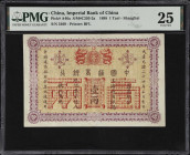 (t) CHINA--EMPIRE. Imperial Bank of China. 1 Tael, 1898. P-A46a. PMG Very Fine 25.
Shanghai, serial number 5469. Red, purple and orange, dragons supp...