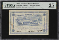 (t) CHINA--EMPIRE. Imperial Chinese Railways. 1 Dollar, 1896. P-A56a. PMG Choice Very Fine 35.
Serial number 14768. Blue on white paper, steam train ...