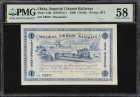 (t) CHINA--EMPIRE. Imperial Chinese Railways. 1 Dollar, 1899. P-A59r. Remainder. PMG Choice About Uncirculated 58.
Serial number 24893. Blue on white...