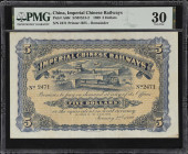 (t) CHINA--EMPIRE. Imperial Chinese Railways. 5 Dollars, 1899. P-A60r. Remainder. PMG Very Fine 30.
Serial numbers 2471. Blue on yellow-orange, steam...