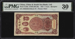 (t) CHINA--REPUBLIC. China & South Sea Bank Limited. 1 Yuan, 1927. P-A126a. PMG Very Fine 30.
Shanghai, serial number ZM355810. Vertical format, purp...