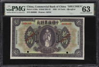 (t) CHINA--REPUBLIC. Commercial Bank of China. 10 Taels, 1920. P-A136s. Specimen. PMG Choice Uncirculated 63.
Shanghai, serial number 000000. Purple ...