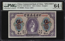 (t) CHINA--REPUBLIC. Commercial Bank of China. 5 Dollars, 1920. P-3s. Specimen. PMG Choice Uncirculated 64 EPQ.
Shanghai, serial number 000000. Viole...