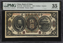 (t) CHINA--REPUBLIC. Bank of China. 5 Dollars, 1912. P-26r. PMG Choice Very Fine 35.
Yunnan, serial number E425283. Black, Huangdi at left, gazebo at...