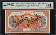(t) CHINA--REPUBLIC. Bank of Communications. 50 Yuan, 1914. P-119fs. Expedient Specimen. PMG Choice Uncirculated 64.
Peking overprinted on serial num...