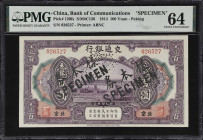 (t) CHINA--REPUBLIC. Bank of Communications. 100 Yuan, 1914. P-120fs. Expedient Specimen. PMG Choice Uncirculated 64.
Peking, overprinted on serial n...