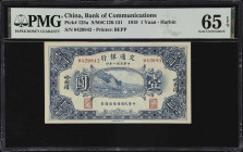 (t) CHINA--REPUBLIC. Bank of Communications. 1 Yuan, 1919. P-125a. PMG Gem Uncirculated 65 EPQ.
Harbin, serial number 0420842. Blue, hillside village...