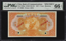 (t) CHINA--REPUBLIC. Bank of Communications. 1 Yuan, 1927. P-145Bas. Specimen. PMG Gem Uncirculated 66 EPQ.
Shantung, serial number 000000. Orange, s...