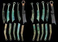 CHINA. Zhou Dynasty. Warring States Period. Knife and Spade Money (11 pieces), ND (ca. 600-220 B.C.). Grade Range FINE to VERY FINE Details.
An inter...